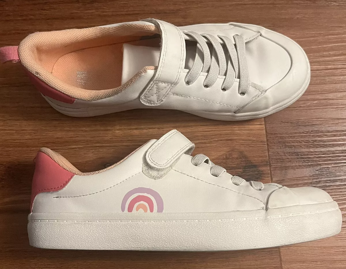 H M Girls White Pink Rainbow Trainers Easy On Elastic Strap US Size 2