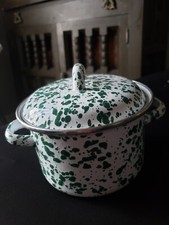 Mini Steel Stock Pot with Lid White & Green Porcelain Enamelware