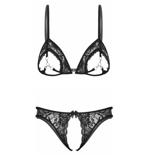 Damen Spitze Dessous Set Metall Ring BH und Schritt offen Tanga Slip Unterwäsche - Bild 1 von 5