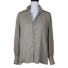Mark Heister Button Up Crinkle Blouse Top Size Small Beige Tan Long Sleeves