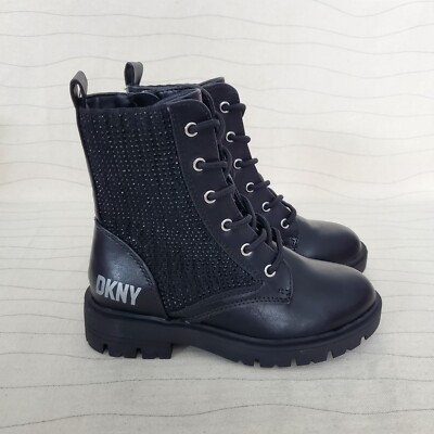 DKNY Youth Girls Black Faux Leather Crystal Side Zip Boots Shoes Size 12 NEW