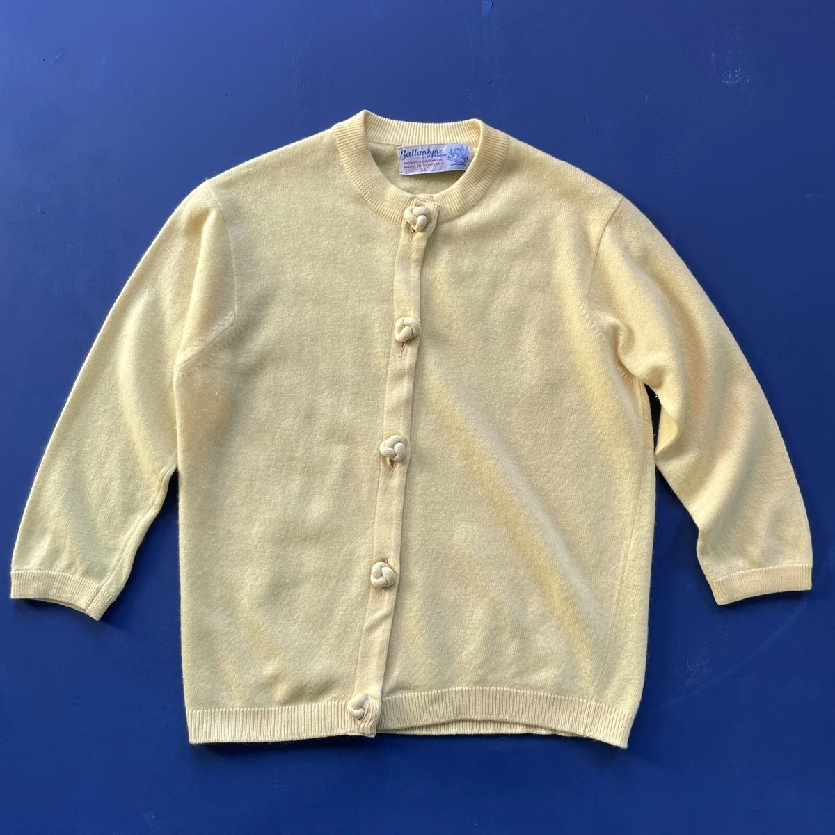 Vintage Ballantyne Cashmere Cardigan Sweater Crewneck Knot Buttons Yellow  36 | eBay