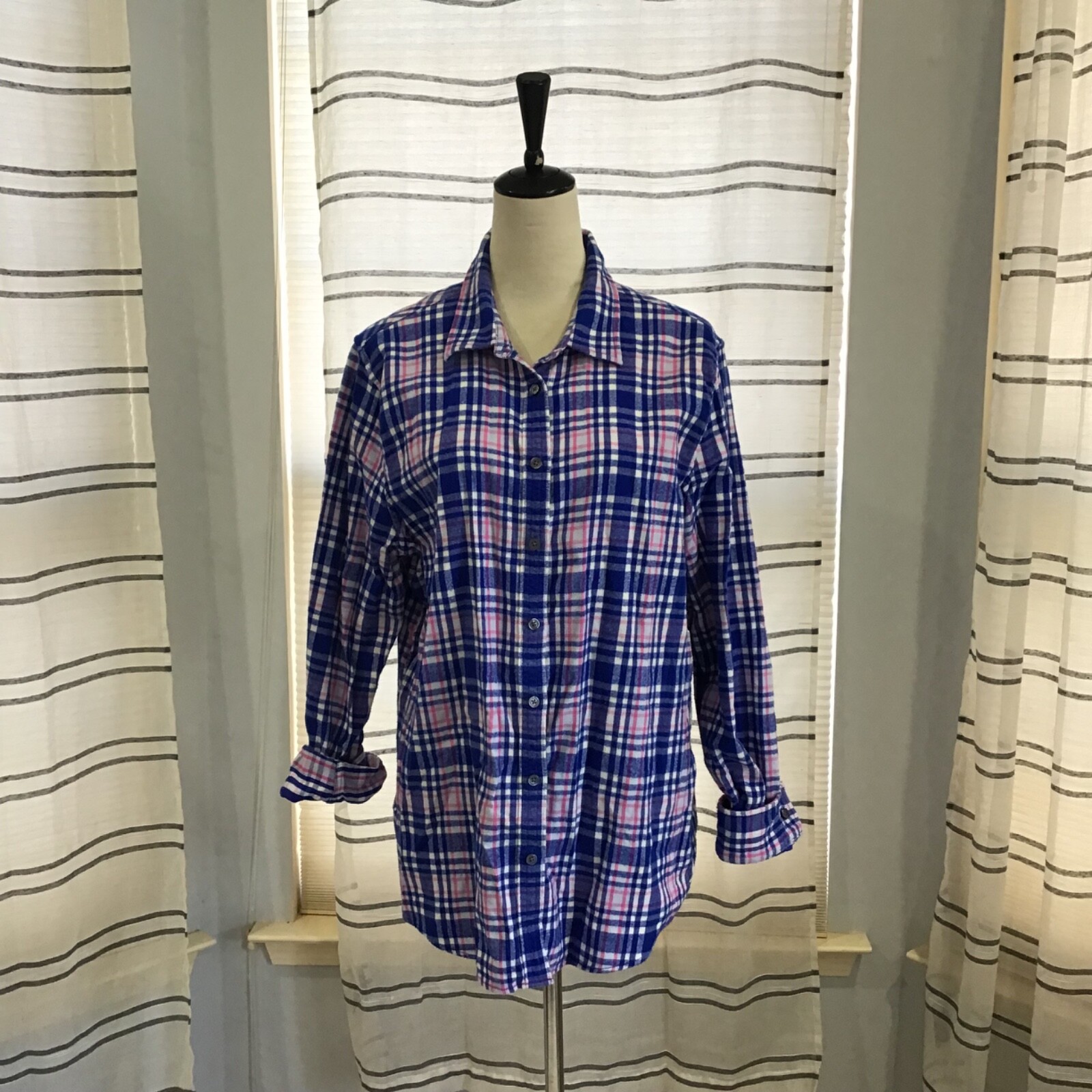 Lands End Women Plus Size 18 Cotton Plaid Flannel Shirt in Soft Pastel Pink and Blue  