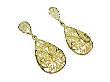 14K Yellow Gold Filigree Diamond Cut Dangle Earrings Teardrop Pierced 3.27gr