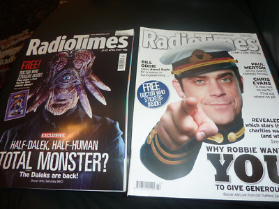 RADIO TIMES MAGAZINE x2, 21-27 April, 27 May-2 June, Doctor Who, Robbie Williams