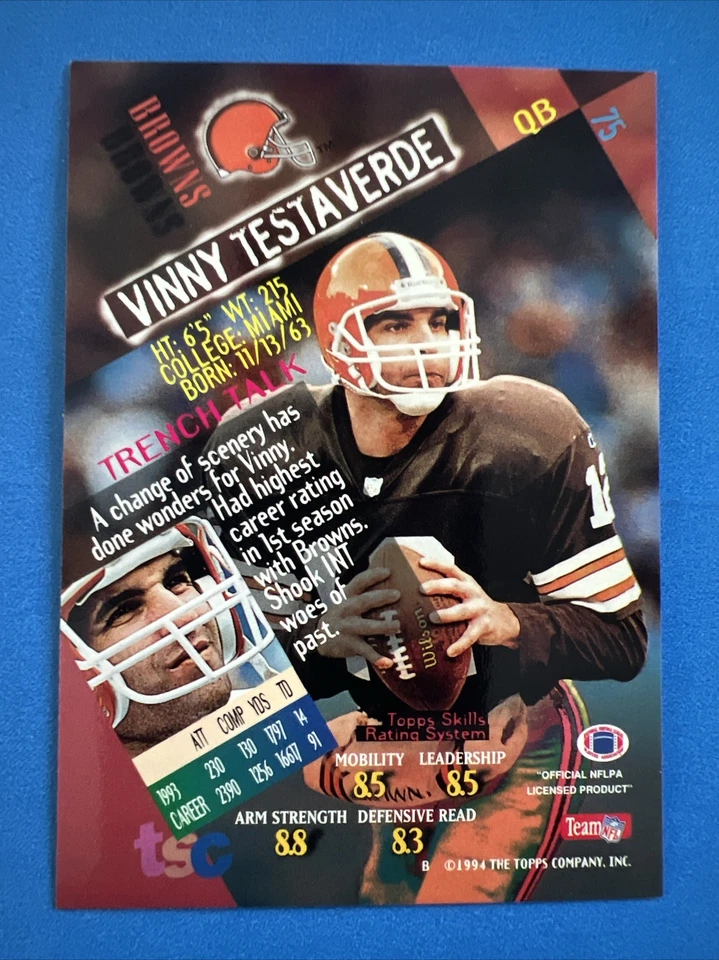🔥 1994 Topps Stadium Club TSC Football Card 75 Vinny Testaverde QB Browns Miami - Image 2 of 2