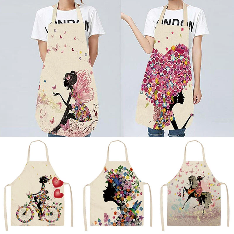 Women Cotton Linen Kitchen Aprons Ladies Flower Printed Cooking Apron 55 68cm