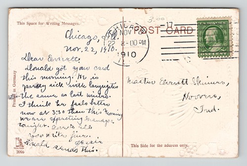 Postal Acción de Gracias Saludo Niño Pavo con Riendas Repujado Chicago Cancelar 1910 - Imagen 2 de 2