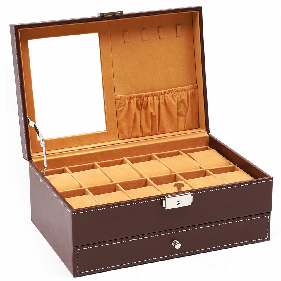 Mens Watch Box Case Organizer 12 Slots Watches Holder Jewelry Storage