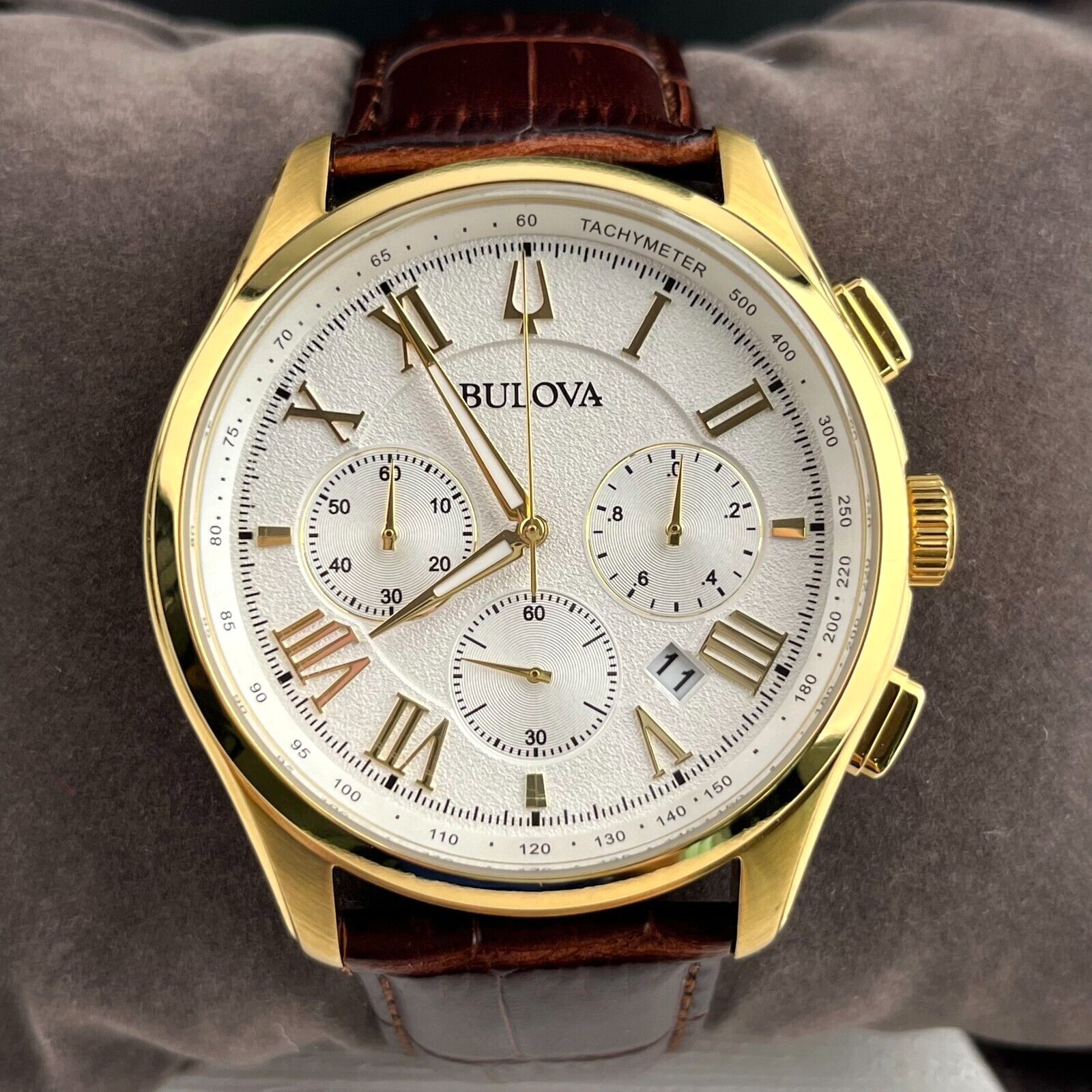 Bulova Wilton 46mm White Dial Brown Leather Mens Quartz Watch 97B169