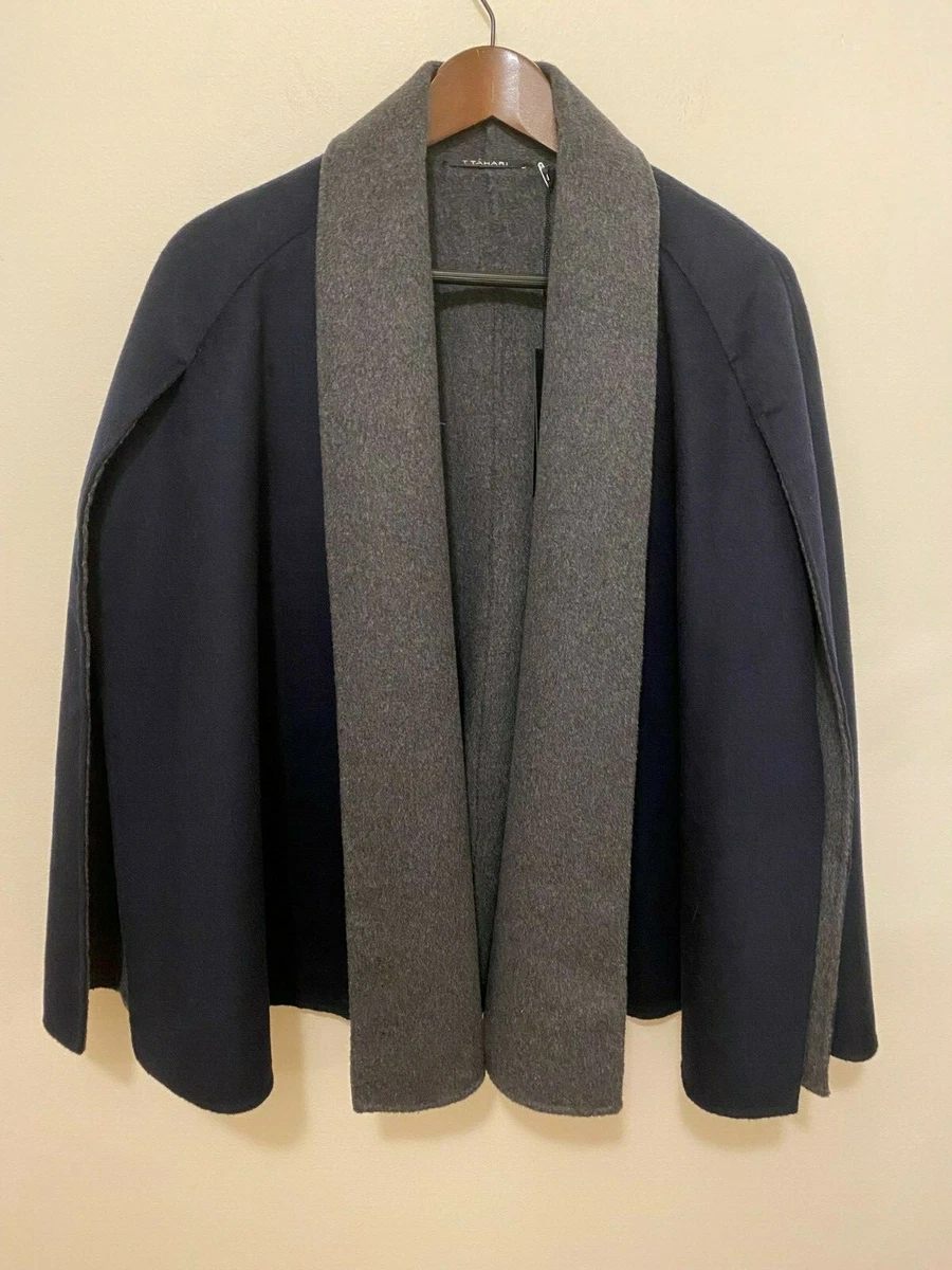 T Tahari Women s Wool Blend Short Cape Coat Navy Gray Size S NWT