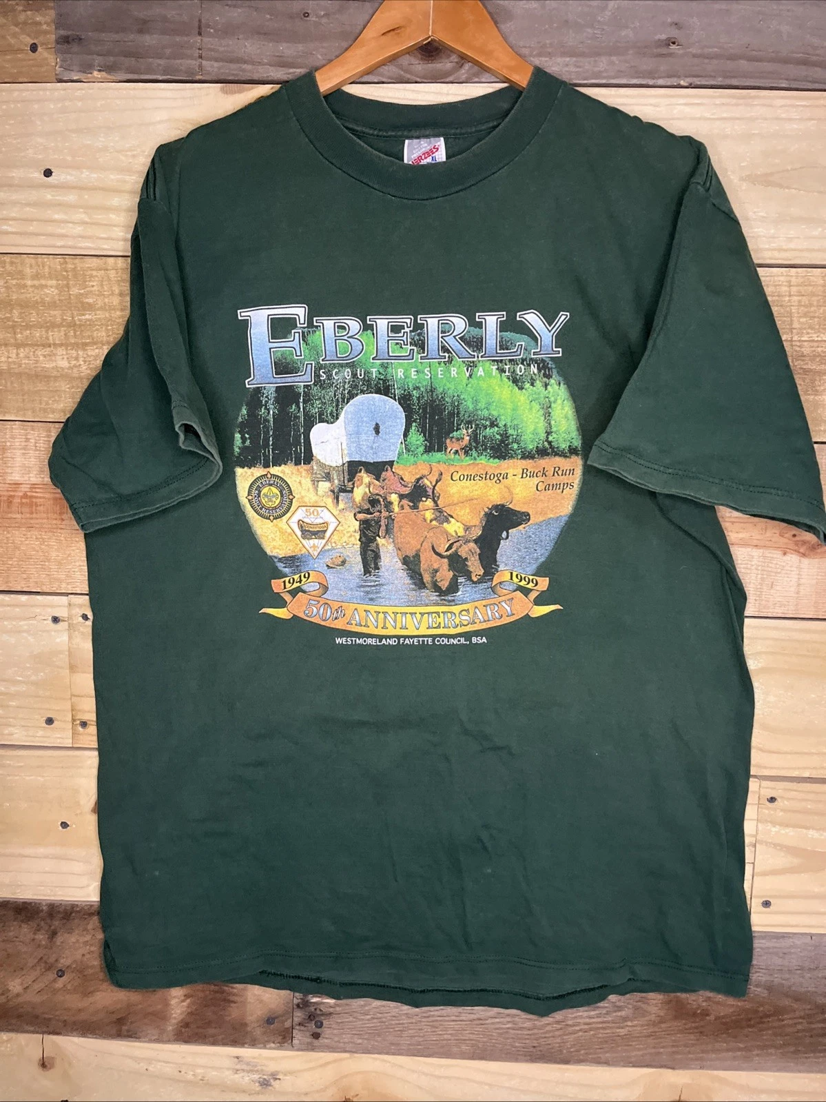 VTG JERZEES USA BSA Eberly Scout Res Camp Conestoga Buck Run TShirt Men’s XL