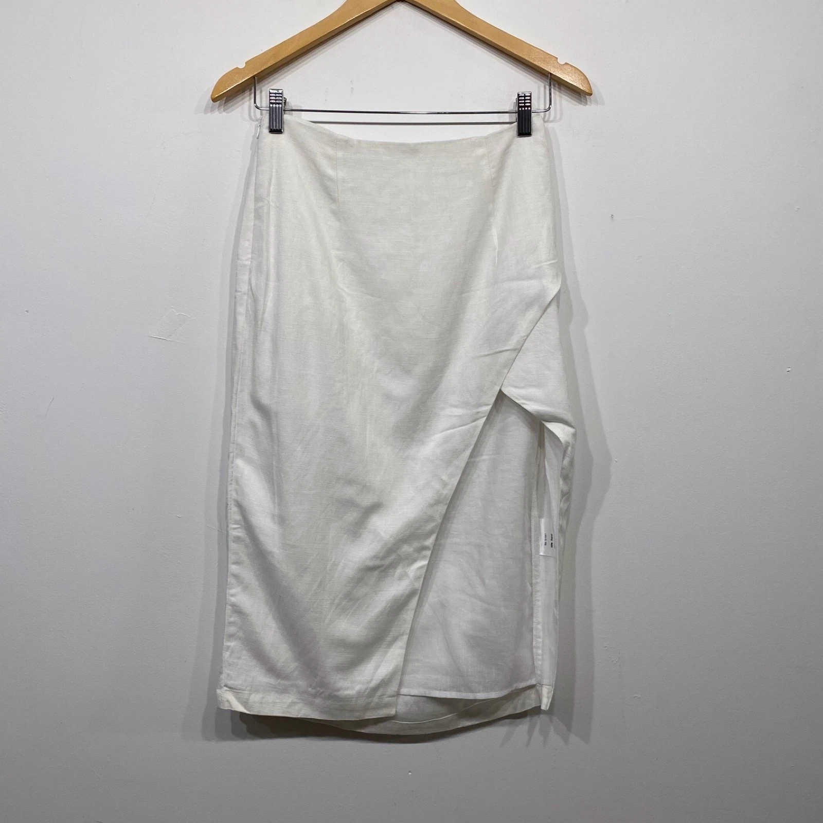 Kourt White Linen Blend Minimalist Coastal Straight Pencil Midi Slit Skirt Small