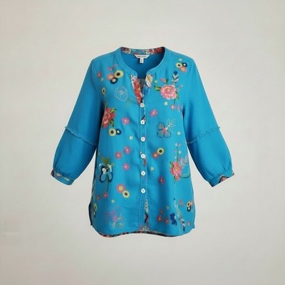 John Mark Turquoise Embroidered Linen Blend Tunic Top Boho Floral Print Back PS