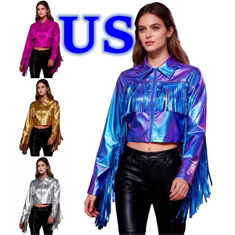 Womens Shiny Metallic Tassel Long Sleeve Jacket Turn-Down Collar Cropped Coat