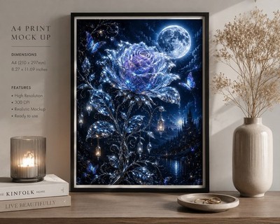 Moonlit Crystal Rose Fantasy Wandbilddruck A4|Magical Moon & Butterfly Artwork