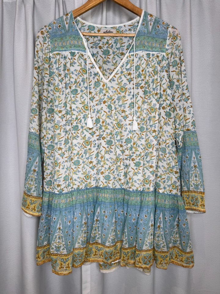 Arnhem Blue Floral Print Organic Cotton Mini Dress Size 8 Tassel Tie V Neck Boho
