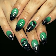 Halloween Press On Nails Medium Almond Fake Nails Green Black Gradient Nails ...