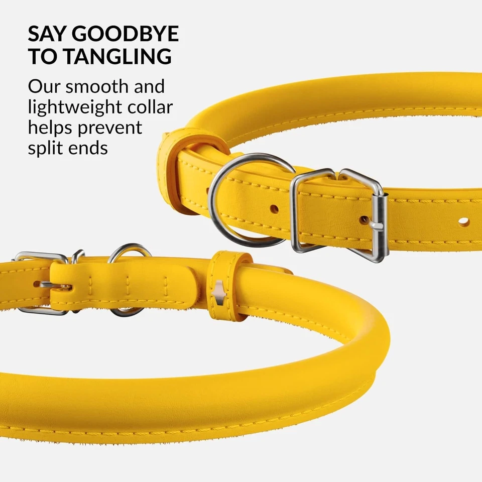 Collar de perro de cuero enrollado - suave, duradero, impermeable, amarillo 18-22 pulgadas Foto 4 de 4