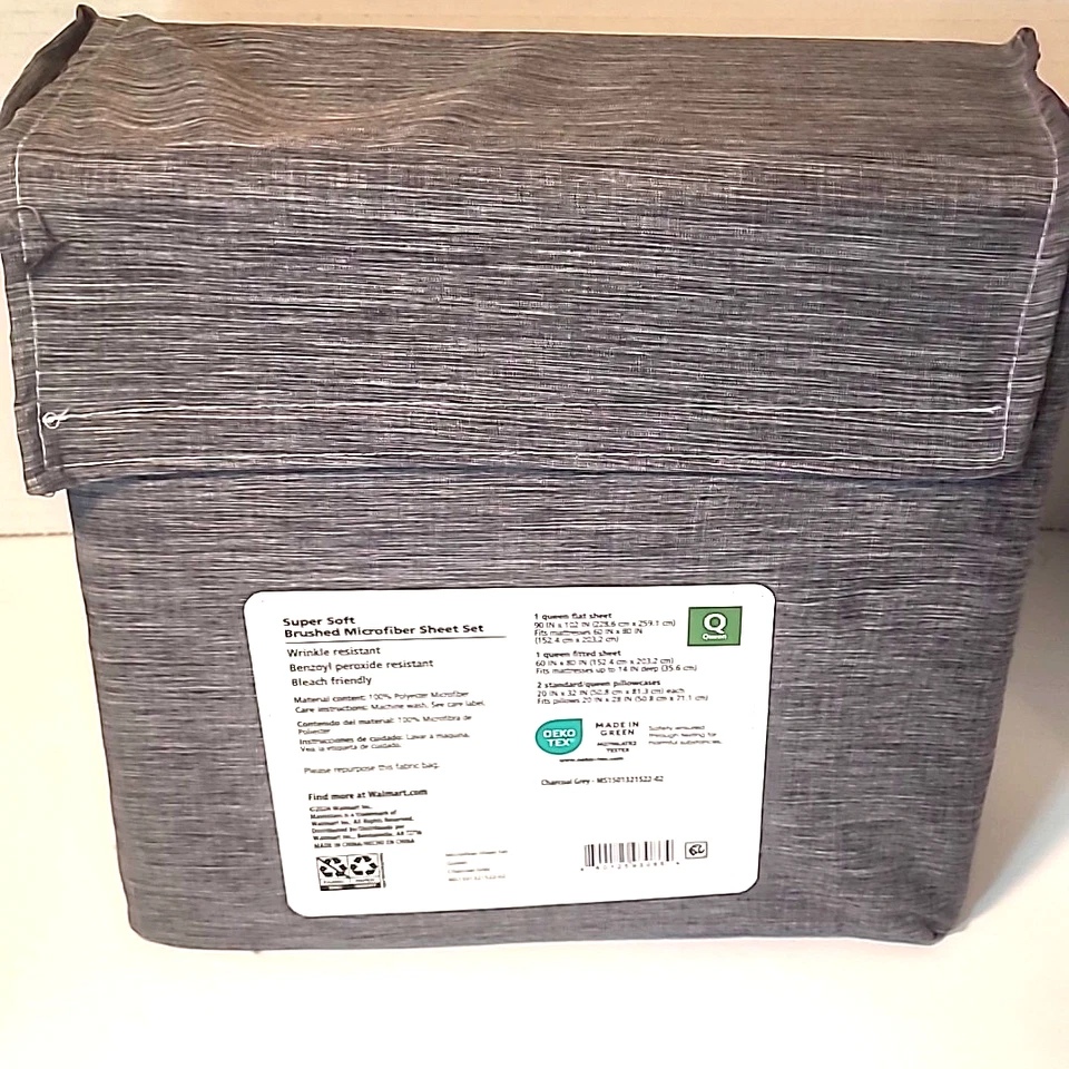 Mainstays Super Soft  Brushed Microfiber Bed Sheet Set Queen Gray 4 Piece Set - Image 4 of 4