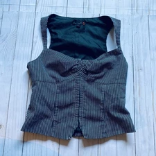 Vintage Y2K G By GUESS Pinstripe Corset Bustier Vest Top Black Emo Scene w/Belt