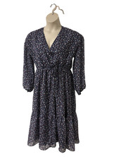 Madewell Cinch-Waist Tiered Midi Dress ~Sz L~Navy Floral Chiffon Peasant V Neck