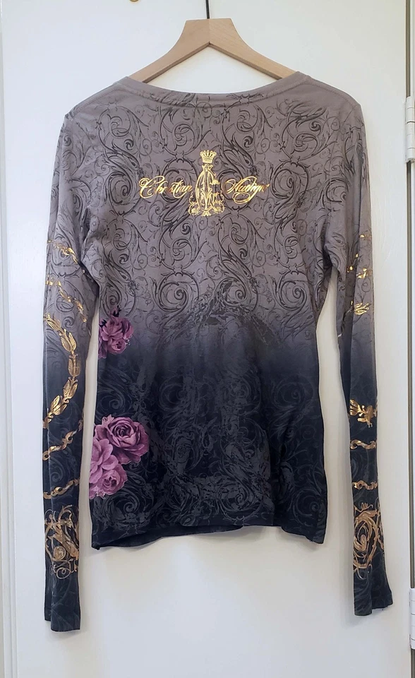 Christian Audiger Long Sleeve Graphic Shirt Top Womens Size S Y2K Grey Gold - Image 2 of 4