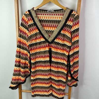 PHO Firenze Jumper Womens Small Orange Brown Fair Isle Knit V-Neck Slit Sleeve