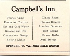Campbell's Inn Tourist Camp 1 Mile North Spencer W VA 1927 WV Clipping TAK1-S43