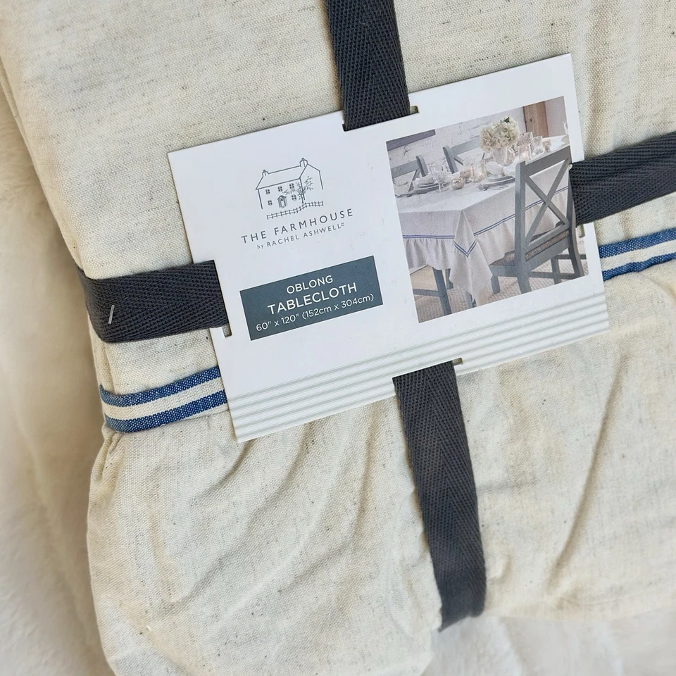 Rachel Ashwell Farmhouse Oblong Tablecloth 60 x 120 Ruffle Cotton Linen Rustic - Image 3 of 4