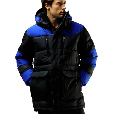 FUERZA Mens Winter Down Wellon Outerwear Warm Jacket Hooded Parka Black/Blue XS