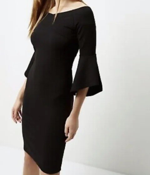 Black Size Dress Bardot Bell Ruffle Sleeve Bodycon River Island