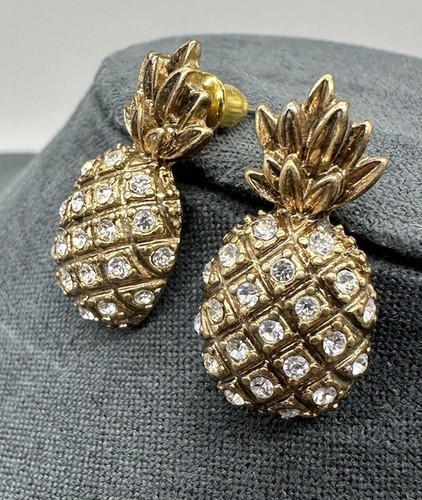 J Crew Pineapple Earrings Pierced Stud Rhinestone Gold Tone Tropical Fruit Cute - Picture 2 of 9