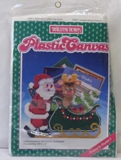 DISTLEFINK DESIGNS PLASTIC CANVAS SANTA AND REINDEER DOORSTOP NOS- 10  1/2" X 9"