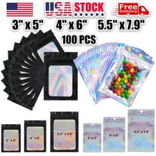 100x Holographic Mylar Foil Zip Bag Resealable lock Pouch Packaging Clear Front