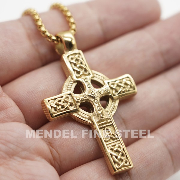 Alternate view of Mendel 10k Gold Plated Irish Celtic Cross Pendant Necklace For Men Women Chain