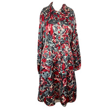 Chadwick's Dress Womens Sz 8 Vintage Red Gray Floral Satin Shirt Pockets Midi