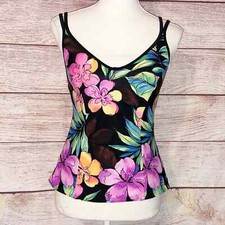 Miraclesuit Black and Purple/Pink Orchid Floral Double Strap Tankini Top Size 8