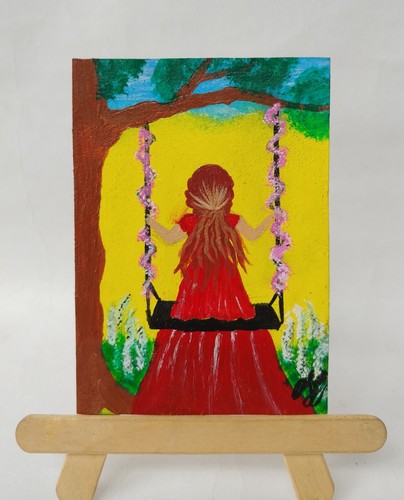 ACEO Original Acrylic Painting A GIRL SWING Miniature Art Card New - Afbeelding 2 van 5