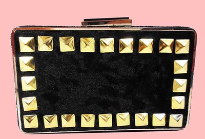 FRANCHI Black Studded LA SERA Velvet Minaudiere Convertible Clutch Shoulder Bag 