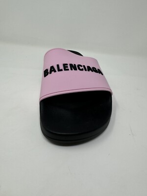 New Balenciaga Logo Bicolor Rubber Mens Pool Slides Pink BLACK