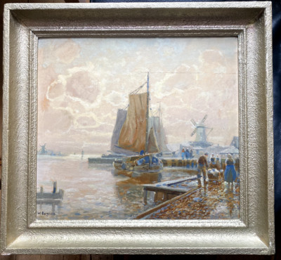 ::OIL PAINTING W. BERGHOLZ °NEAR THE MOLE °NORTH SEA SHIPS QUAY PEOPLE FISHERMAN BOAT