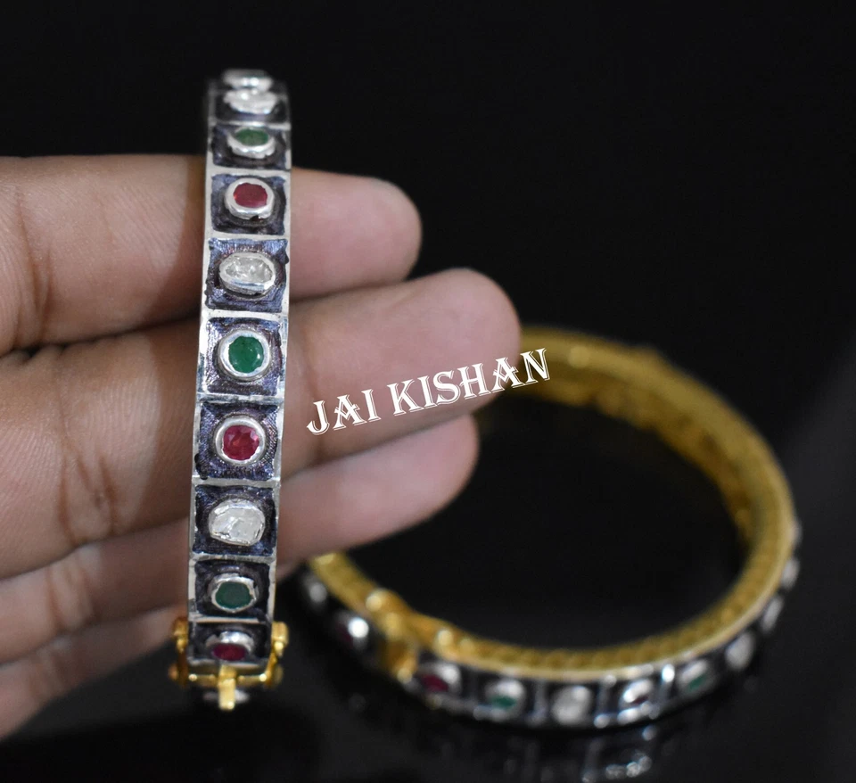 Emerald Ruby Gemstone 925 Sterling Silver Polki Diamond Victorian Bangle 1 Pcs - Image 3 of 4