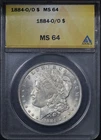 1884-O VAM-14 O/O, Far Date, Doubled Tail Feathers Morgan Dollar ANACS MS-64