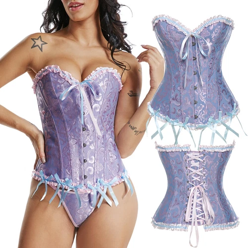 Damen Überbrust Korsett Bustier Burleske Baskisch Top Spitze Kostüm Übergröße - Bild 18 von 29
