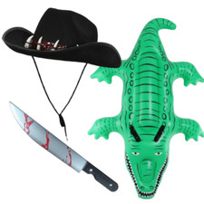 Crocodile Hunter Costume Set Bush Style Hat Inflatable Gator & Prop Fancy Dress