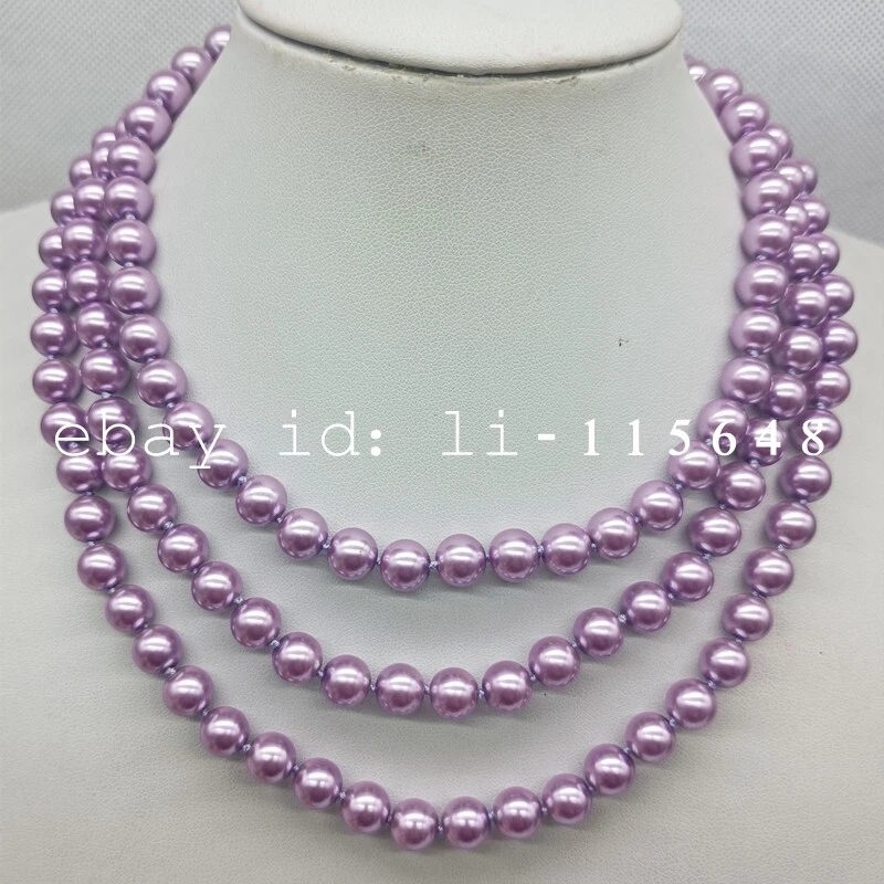 Collar de perlas concha púrpura Kawaii encantador collar de cuentas redondas de 8 mm 20-48 pulgadas Foto 3 de 4