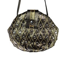Vintage 80's Gold Bronze Metal Rhinestone Rivets Semi-Round Hinged Shoulderbag