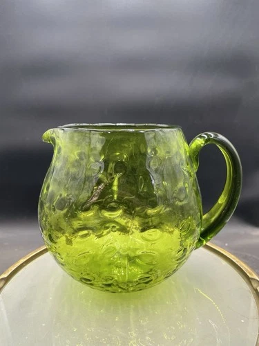 Vintage Blenko Glass 6916 Lime Dot Optic Pinched Pitcher Joel Myers 6 1/2"