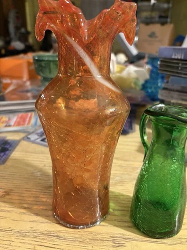 Lot Of 2 Crackled Art Glass Pieces Blenko?